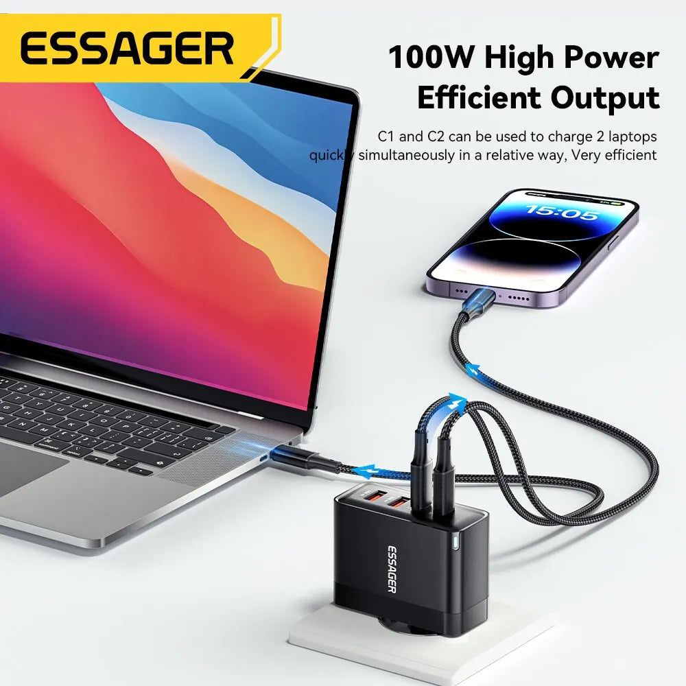 Essager 100 W Gan USB Typ C Caricabatterie PD QC Schnellladung 4.0 3.0 Typ C Ricarica Rapida Pro Iphone 14 13 12 Xiaomi Macbook