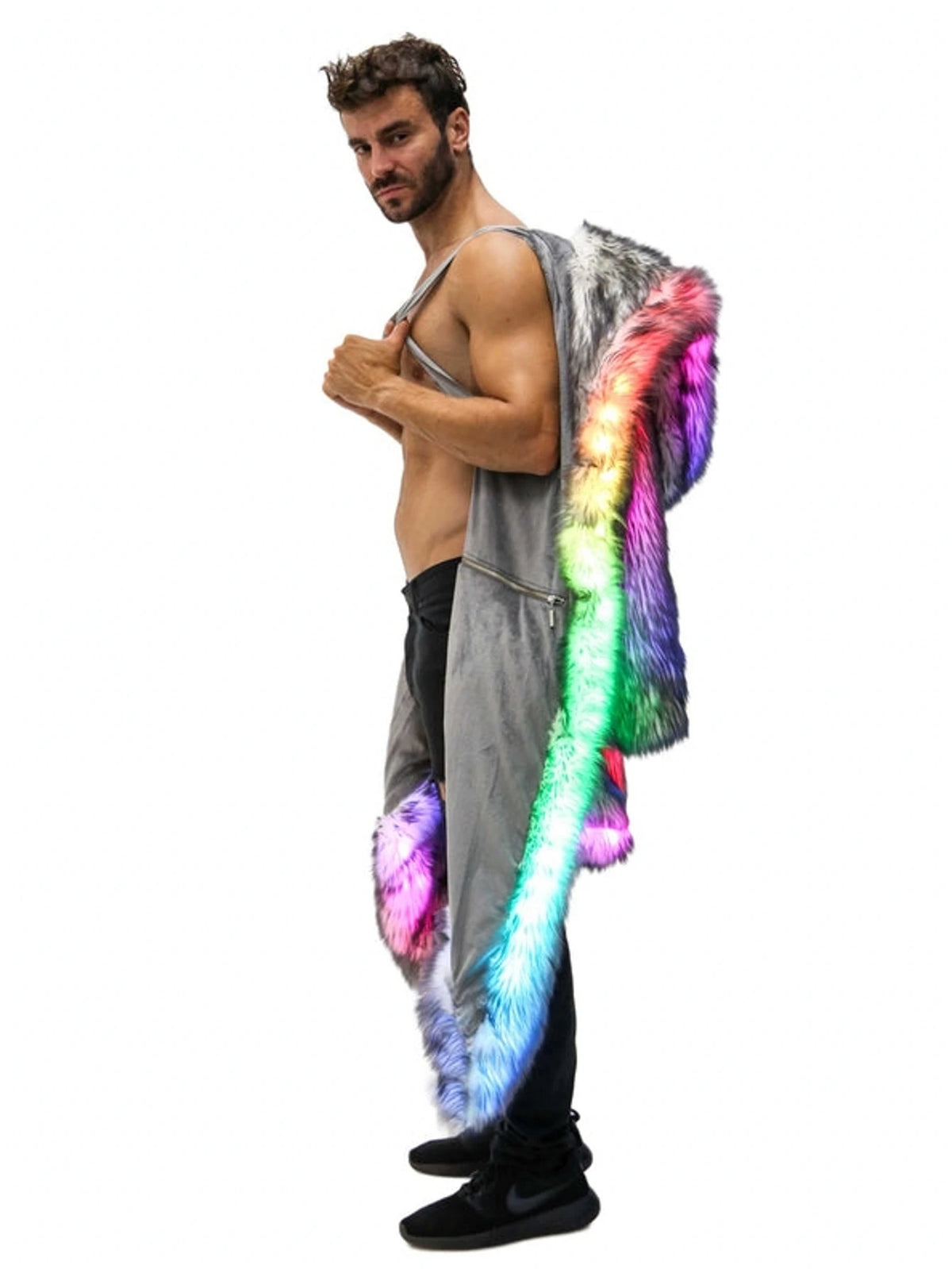 New LED Faux Fur Coat for Men Hooded Comfortable Thickened Winter Coat  Multi-Scene Personalized LED Stage Dance Party Costume