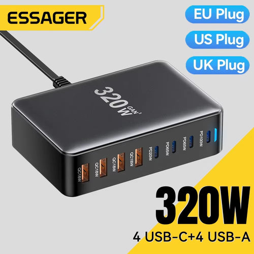 Essager 320W Gan Ladegerät 8Port USB Typ C Desktop Ladestation PD 100W Schnellladung Für Iphone 16 15 14 Ipad Macbook Laptop